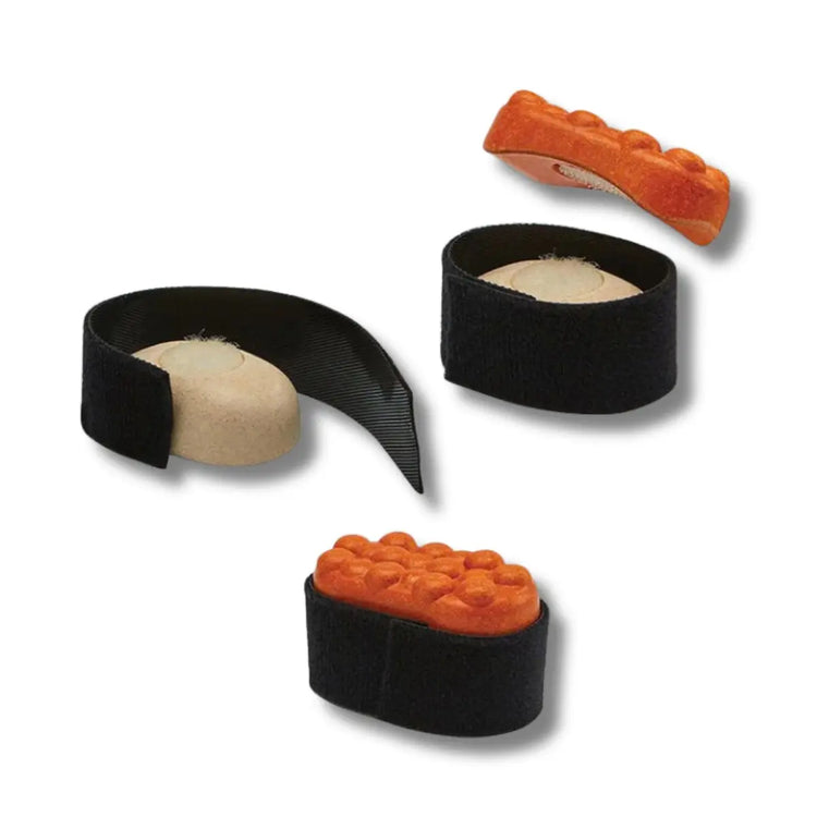 
                    
                      PlanToys Sushi Set, wooden play set with salmon, tuna, tamago, shrimp, roe, tray, and shoyu bottle on a white background
                    
                  