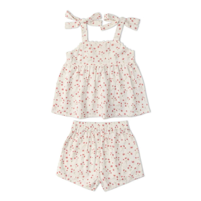 Organic Cotton Tie-Up Top & Shorts Set - Pink Bloom, front view of sleeveless tie-up top with pink bloom floral print and adjustable shoulder ties