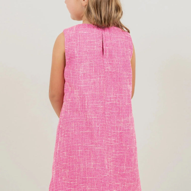 Pearl Detailed Front Bow Tweed Dress: Pink back of pearl dress