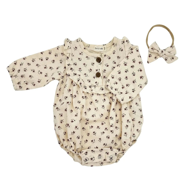 
                    
                      Infant floral romper outfit with ruffles, matching bow and socks, boutique baby girl clothing set
                    
                  