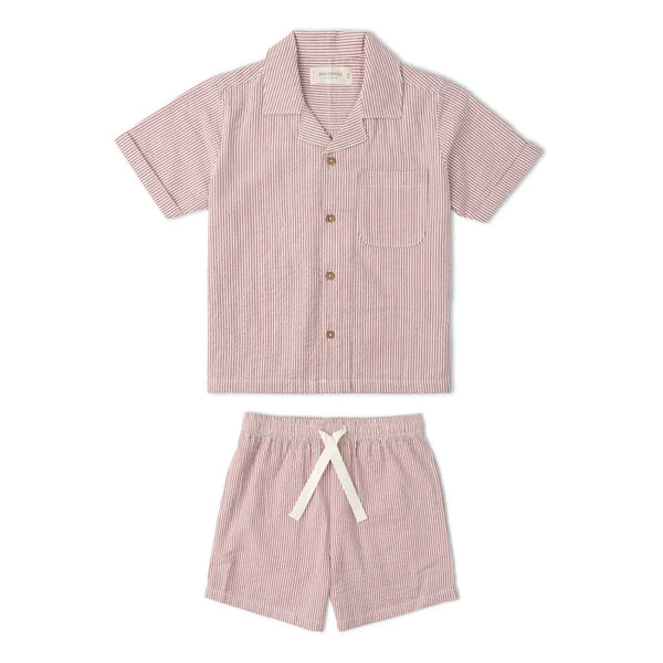 Organic Cotton Linen Shirt & Shorts Set - Coral Stripes, front view of button-up collared shirt with warm coral and white stripe pattern