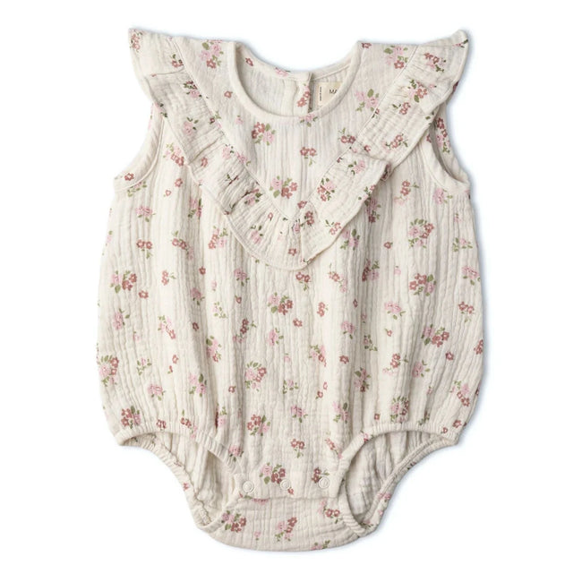 Organic Cotton Sleeveless Ruffle Bubble Romper - Blush Floral, front view of sleeveless bubble romper with ruffle trim and blush floral print