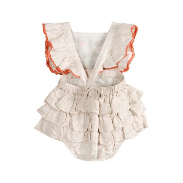 Anya Embroidered Baby Romper & Headband Set (Linen) - close-up of floral embroidery on organic linen fabric, Viverano Organics