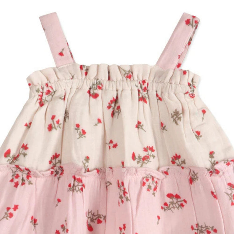 Bijou Tiered Floral Baby Dress & Bloomer Set (Organic Cotton) - back view showing snap closures and tiered dress construction, Viverano Organics