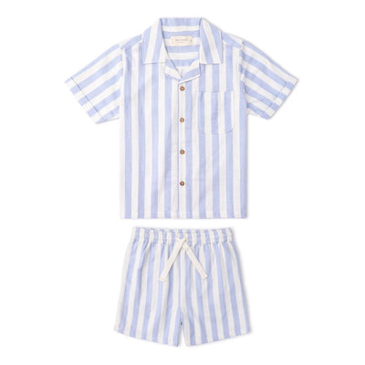 Organic Cotton Linen Shirt & Shorts Set - Blue Stripes, front view of button-up collared shirt with classic blue and white stripe pattern