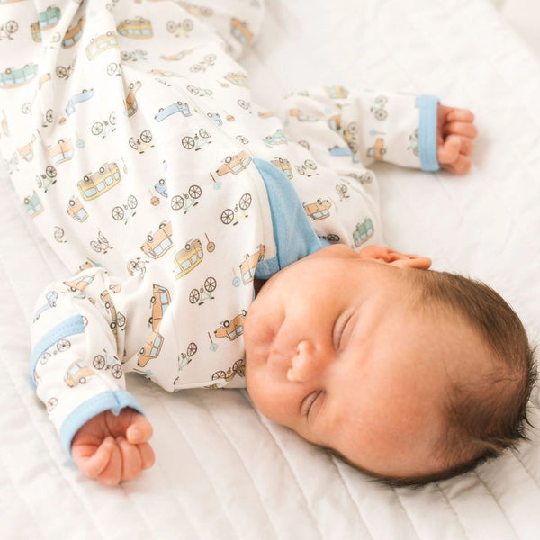 on the Move Zip Footie shown as a zippered footie sleeper for preemie and baby boys