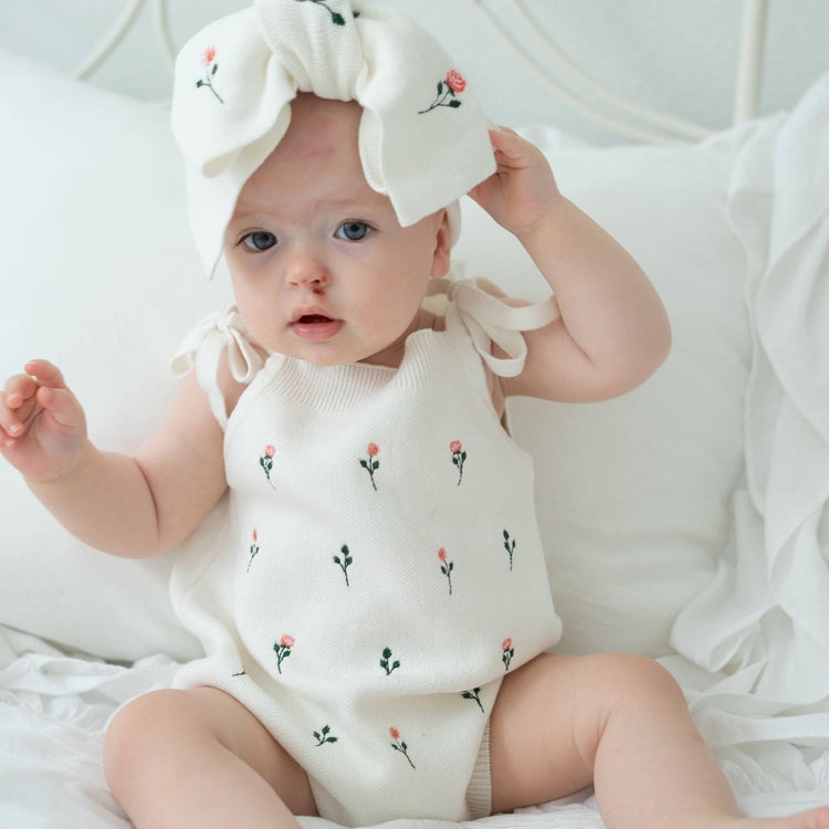 Floral Embroidery Romper and Bow - White 100% organic cotton baby romper with matching bow,