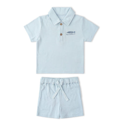 Organic Cotton Polo Shirt & Shorts Set - Les Sardines (Light Blue), front view of light blue polo shirt with playful sardine print detail and polo collar
