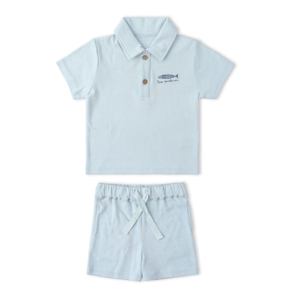 Organic Cotton Polo Shirt & Shorts Set - Les Sardines (Light Blue), front view of light blue polo shirt with playful sardine print detail and polo collar