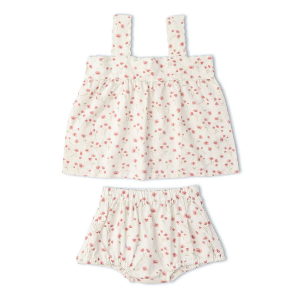 Organic Cotton Scalloped Top & Bloomer Set - Pink Bloom, full set flat lay on white background showing scalloped top and bloomers together