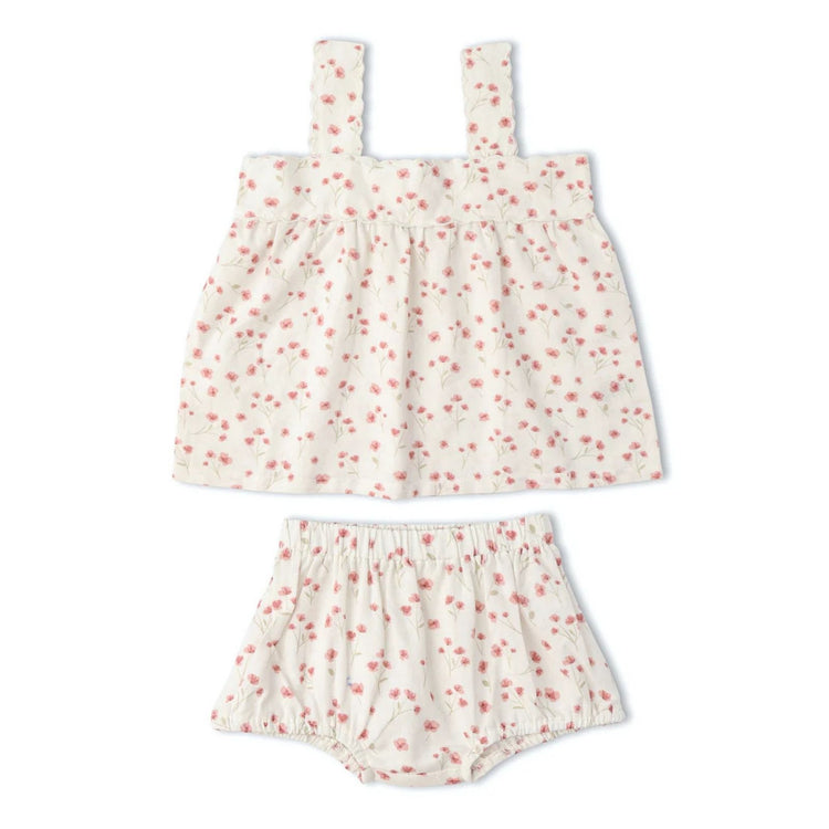 Organic Cotton Scalloped Top & Bloomer Set - Pink Bloom, full set flat lay on white background showing scalloped top and bloomers together