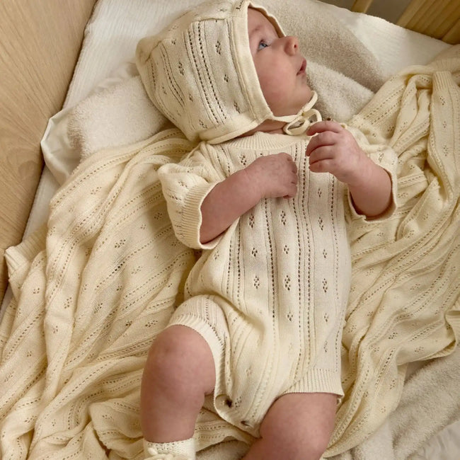 Bring Me Home Summer Pointelle Bundle - Cream 4-piece organic cotton newborn set with romper, bonnet, booties and blanket
