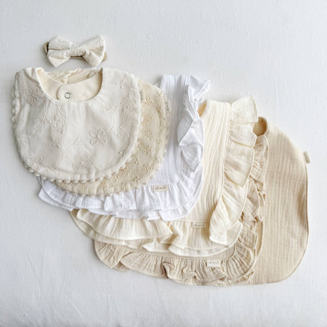 Muslin Eyelet Flowers Bib - Olive Sprout Kids Cotton Baby Girl Bib - Reversible Double-Sided - Eyelet Flower Pattern