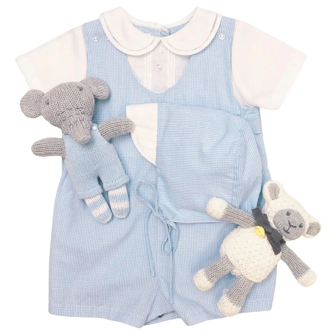 Baby Boy Blue Gingham Romper with Matching Hat - Cotton Blend - Petit Ami | Olive Sprout Kids