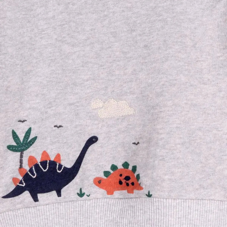
                    
                      Dino Baby Sweatshirt & Jogger Set in heather grey, long sleeve sweatshirt with embroidered dino and matching pull-on joggers in organic cotton french terry
                    
                  