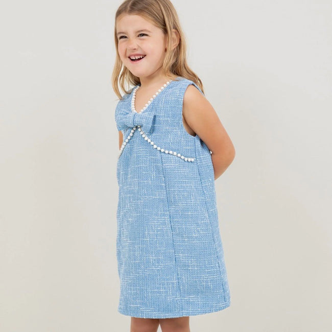 Pearl Detailed Front Bow Tweed Dress: Blue