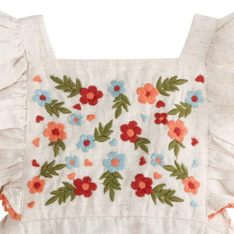 Anya Embroidered Baby Romper & Headband Set (Linen) - flat lay of romper and matching headband set, Viverano Organics