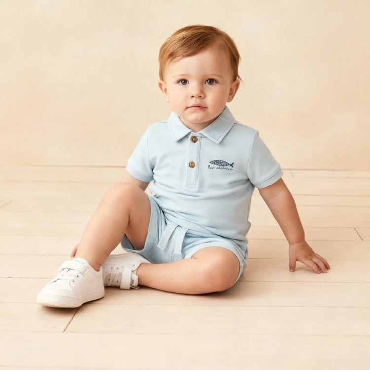 Organic Cotton Polo Shirt & Shorts Set - Les Sardines (Light Blue), full outfit flat lay showing polo shirt and shorts together on white background