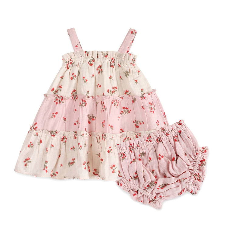 Bijou Tiered Floral Baby Dress & Bloomer Set (Organic Cotton) - worn by baby girl showing full tiered dress and matching bloomer, Viverano Organics
