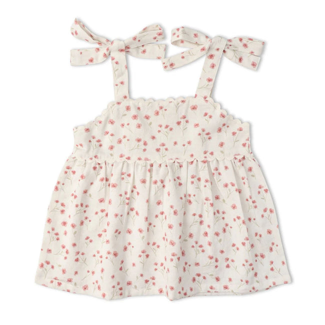 Organic Cotton Tie-Up Top & Shorts Set - Pink Bloom, toddler girl wearing complete set, front view showing breezy summer fit