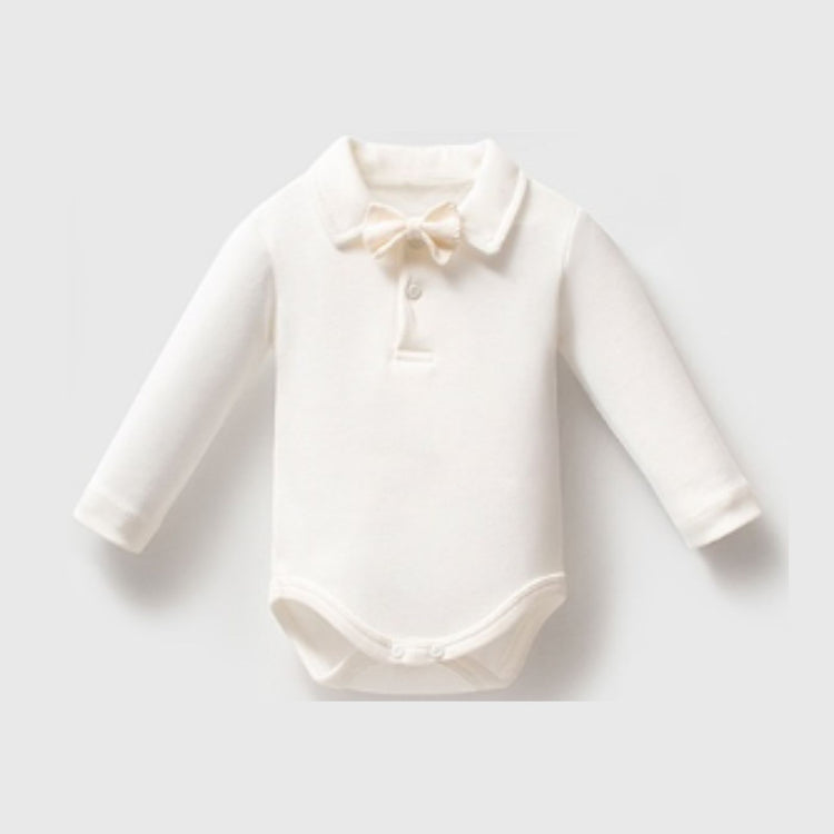 Carousel Knit Jacket, Bodysuit & Pants Set white bodysuit with attached bow tie detail