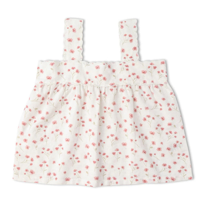 Organic Cotton Scalloped Top & Bloomer Set - Pink Bloom, baby girl wearing complete set, front view showing scalloped neckline and relaxed summer fit