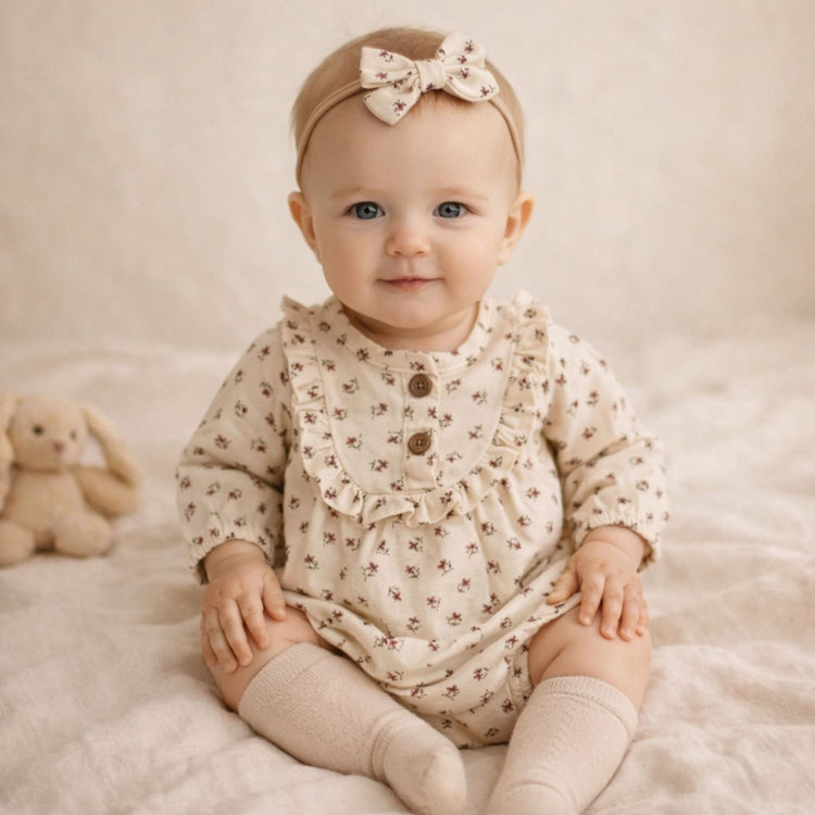 Floral ruffle baby romper set with matching bow headband and socks, soft cotton infant outfit for girls