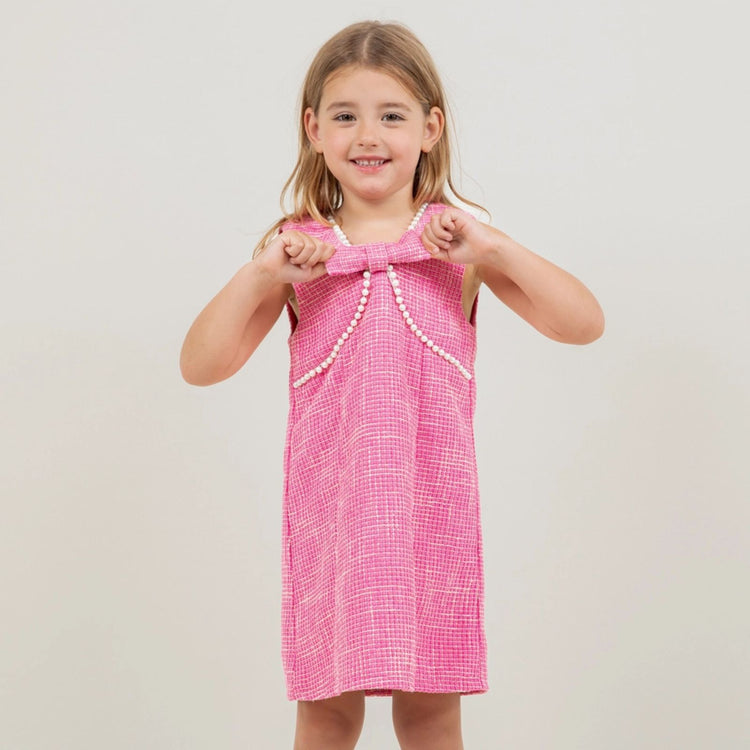 Pearl Detailed Front Bow Tweed Dress: Pink for toddlers with bow detail pearl