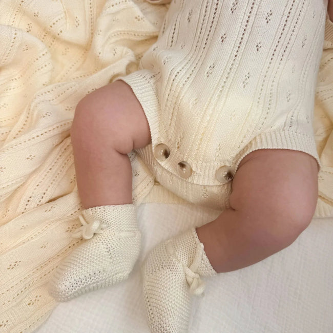 Bring Me Home Summer Pointelle Bundle - Cream 4-piece organic cotton newborn set with romper, bonnet, booties and blanket
