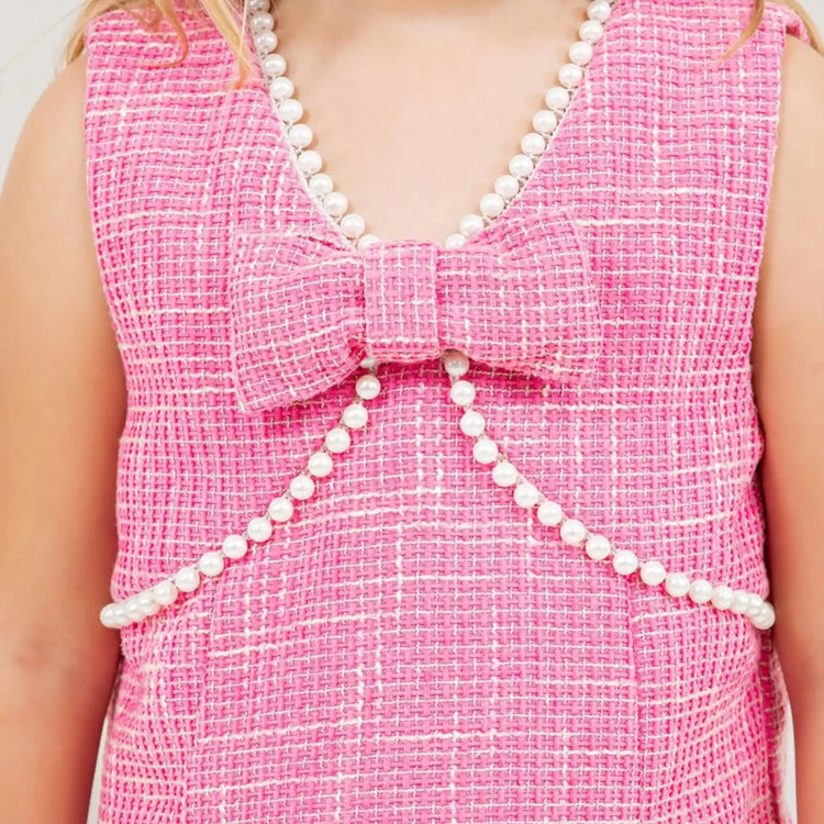 Pearl Detailed Front Bow Tweed Dress: Pink detailed bow close up