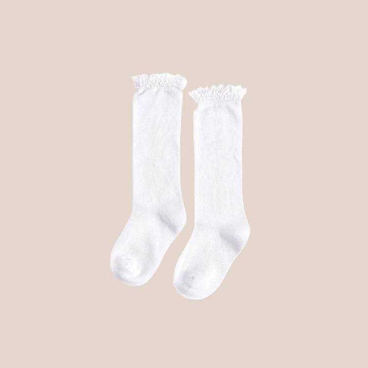 
                    
                      White Lace Top Knee Highs designed as baby and toddler knee high socks with lace trim
                    
                  