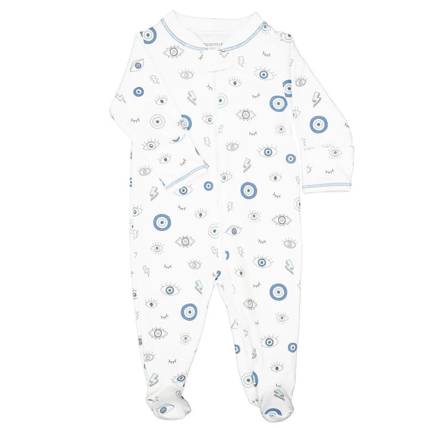 Evil Eye Pattern Footie Pajama shown as a Pima cotton zipper footie pajama for babies