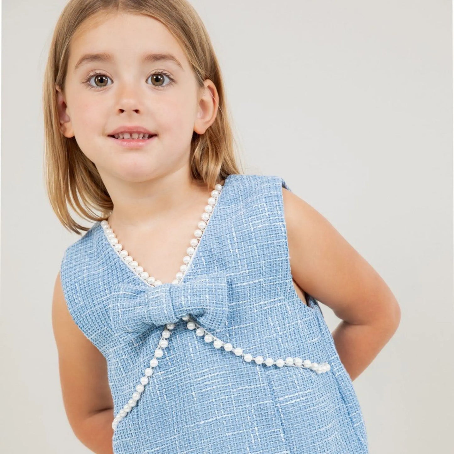 Blue Tweed Toddler Girl Dress with Pearl Bow