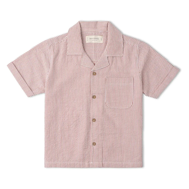 Organic Cotton Linen Shirt & Shorts Set - Coral Stripes, toddler boy wearing complete set, side view showing relaxed summer fit