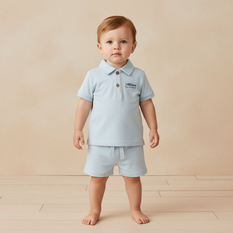 Organic Cotton Polo Shirt & Shorts Set - Les Sardines (Light Blue), matching shorts with elastic waistband in organic cotton linen blend light blue