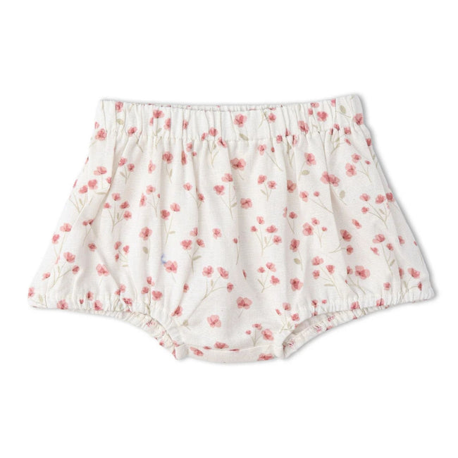 Organic Cotton Scalloped Top & Bloomer Set - Pink Bloom, close-up of scalloped neckline and pink bloom floral fabric showing breathable organic cotton linen weave