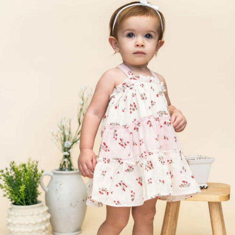 Bijou Tiered Floral Baby Dress & Bloomer Set (Organic Cotton) - front product view showing pink floral tiered dress in Tea Rose, Viverano Organics