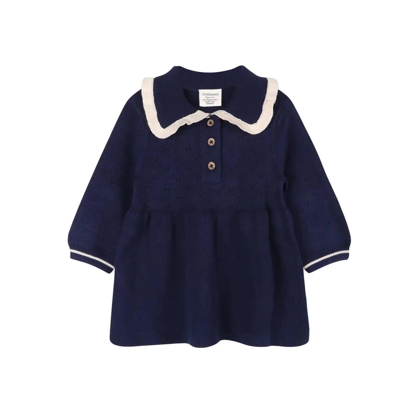 Organic Baby Sweater Knit Dress with Ruffle Collar – Navy Blue | Olive Sprout Kids