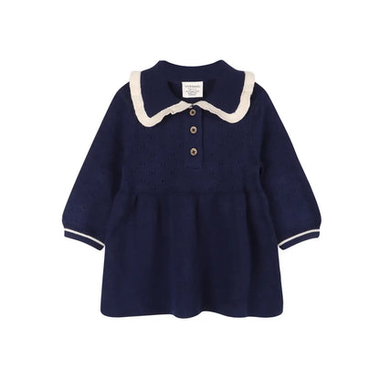 Organic Baby Sweater Knit Dress with Ruffle Collar – Navy Blue | Olive Sprout Kids