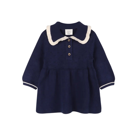 Organic Baby Sweater Knit Dress with Ruffle Collar – Navy Blue | Olive Sprout Kids