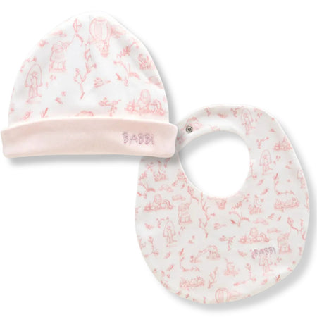 Toile de Jouy Bib & Hat Set in Pink - newborn bib and hat set in pink Toile de Jouy print by Atelier Babbi, 100% cotton