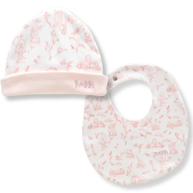 Toile de Jouy Bib & Hat Set in Pink - newborn bib and hat set in pink Toile de Jouy print by Atelier Babbi, 100% cotton