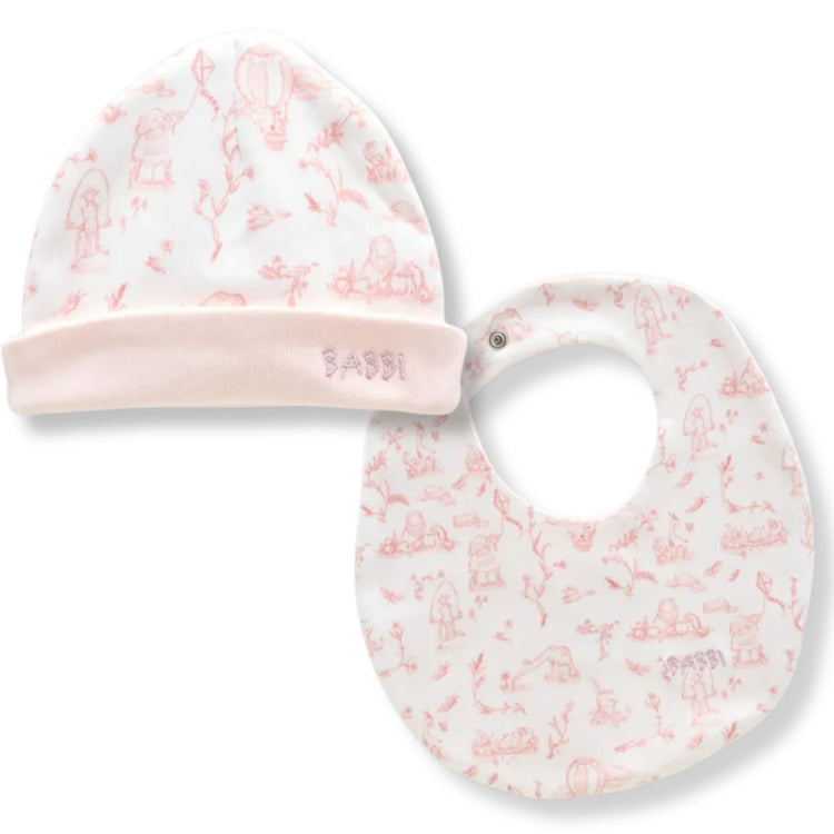 Toile de Jouy Bib & Hat Set in Pink - newborn bib and hat set in pink Toile de Jouy print by Atelier Babbi, 100% cotton