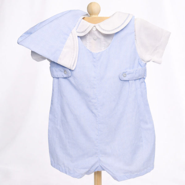 Baby Boy Blue Gingham Romper with Matching Hat - Cotton Blend - Petit Ami | Olive Sprout Kids