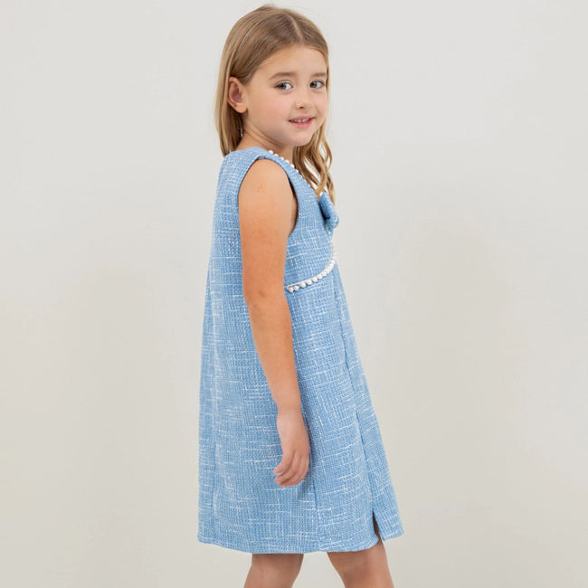 Blue Tweed Dress with Pearl Bow for toddlers girls 