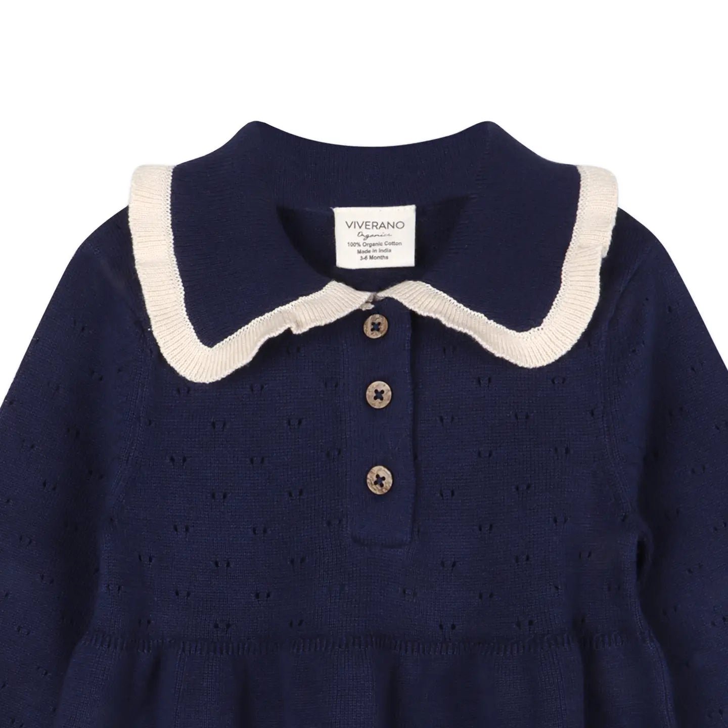 Organic Baby Sweater Knit Dress with Ruffle Collar – Navy Blue | Olive Sprout Kids