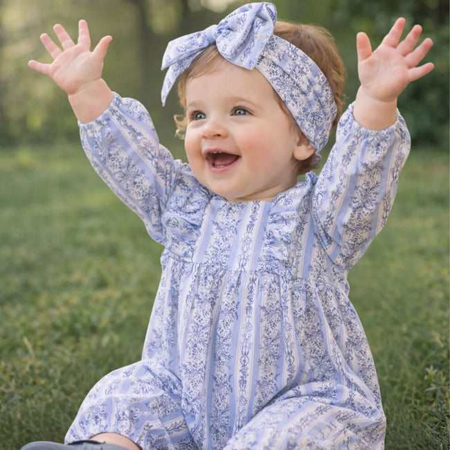 Georgina Striped Ruffle Romper & Headband Set boutique baby girl romper with matching headband and delicate ruffles