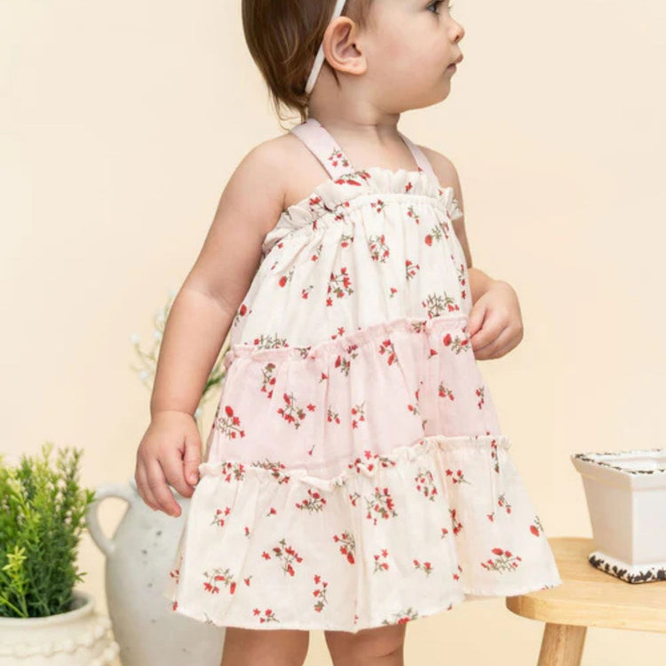 Bijou Tiered Floral Baby Dress & Bloomer Set (Organic Cotton) - baby girl wearing full outfit styled, showing dress length and bloomer fit, Viverano Organics