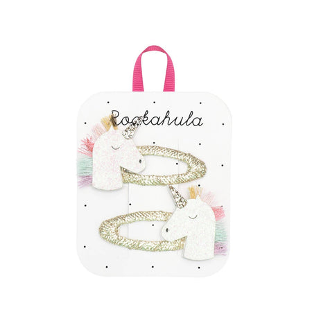 Shop the Rockahula Kids Rainbow Unicorn Clips. Magical white glitter unicorns with rainbow manes on gold snap clips. Made from eco-friendly recycled felt.