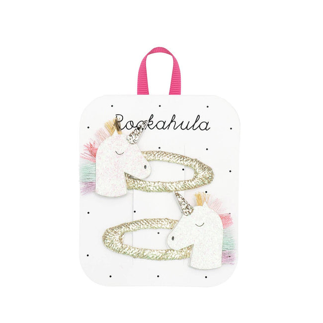 Shop the Rockahula Kids Rainbow Unicorn Clips. Magical white glitter unicorns with rainbow manes on gold snap clips. Made from eco-friendly recycled felt.
